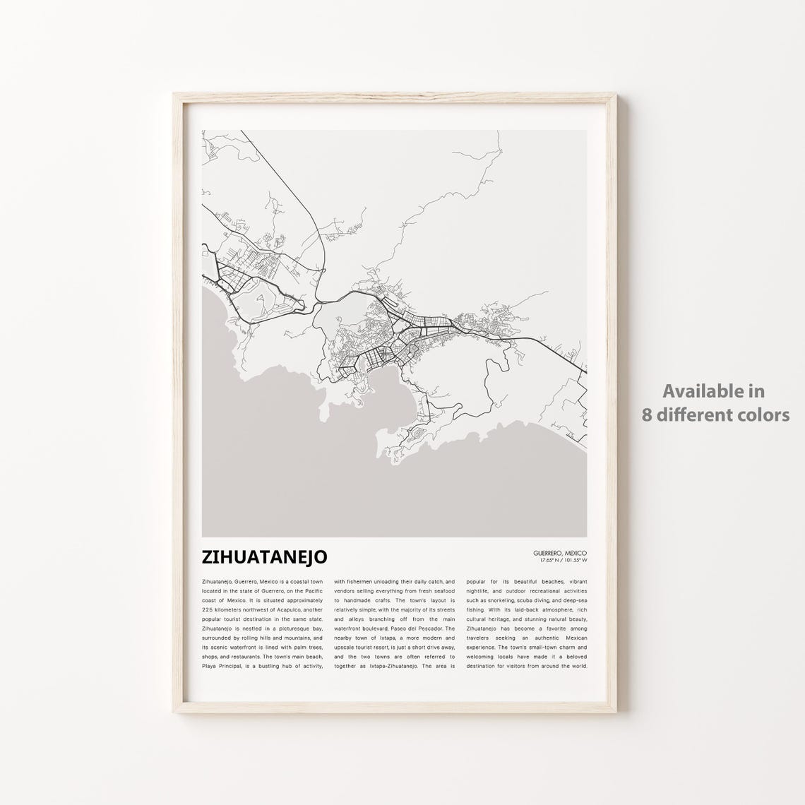 Zihuatanejo Guerrero Mexico Coastal Bay Town Street Map Art Poster