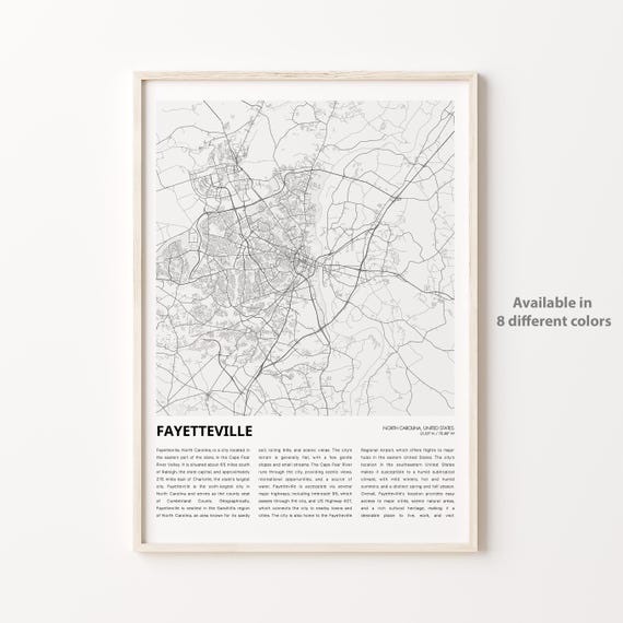 Fayetteville Map Print Travel Wall Decor Art North Carolina Housewarming Gift