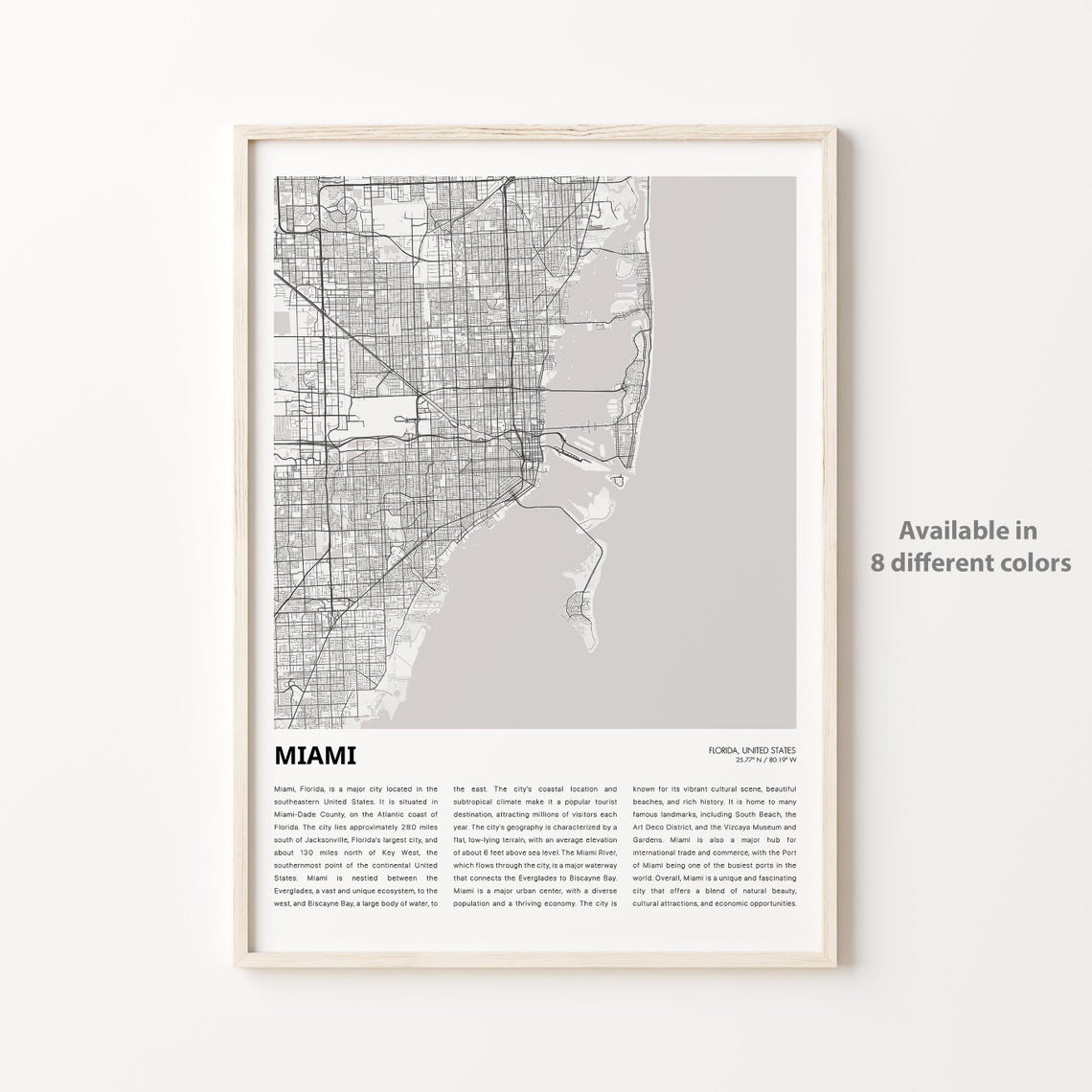 Miami Florida City Street Map Minimalist Coastal Travel Poster