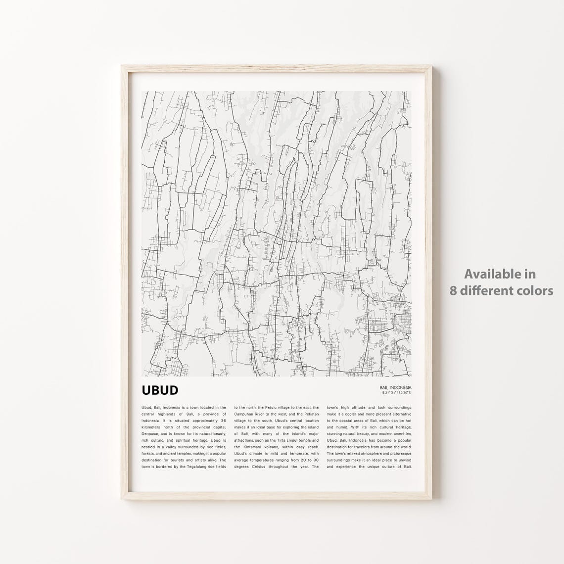 Ubud Bali Detailed Minimalist City Map Travel Wall Decor Art Poster