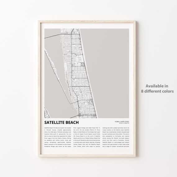 Satellite Beach Florida Coastal Map Poster Light Gray Travel Artwork