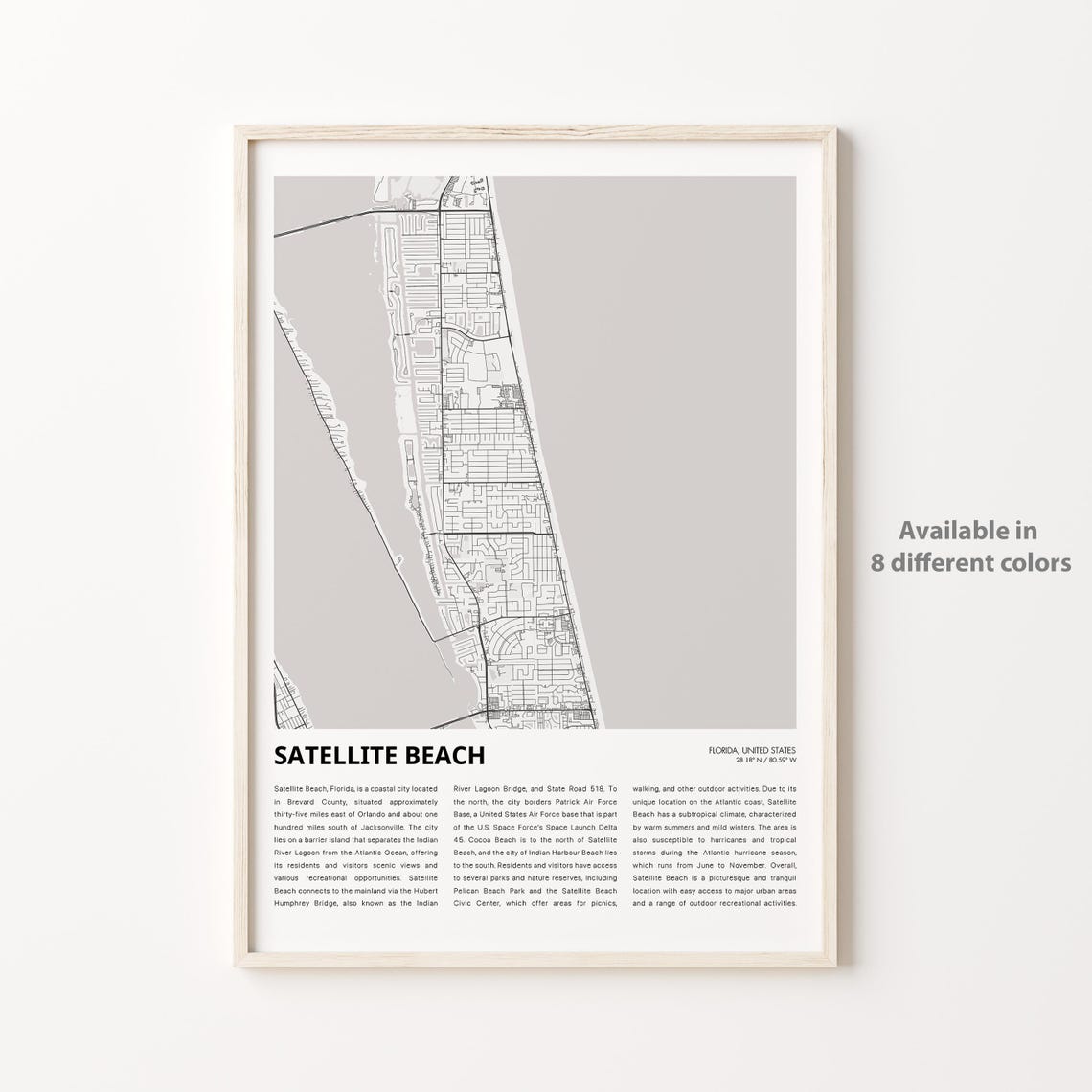 Satellite Beach Florida Coastal Map Poster Light Gray Travel Artwork