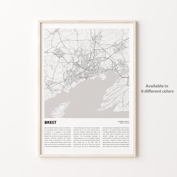 Brest Map Print Travel Wall Decor Art Finistre Housewarming Gift