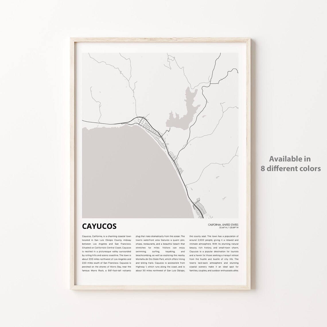 Cayucos California Minimalist City Street Map Travel Wall Art