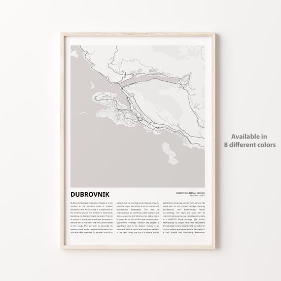 Dubrovnik Map Print Travel Wall Decor Art Dubrovnikneretva Housewarming Gift