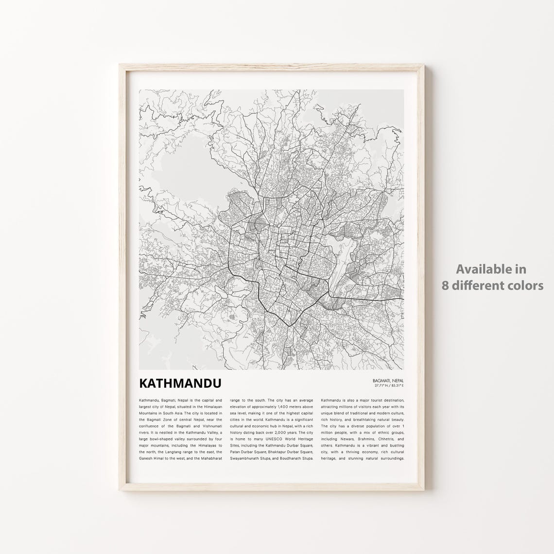 Kathmandu Map Print Travel Wall Decor Art Bagmati Housewarming Gift