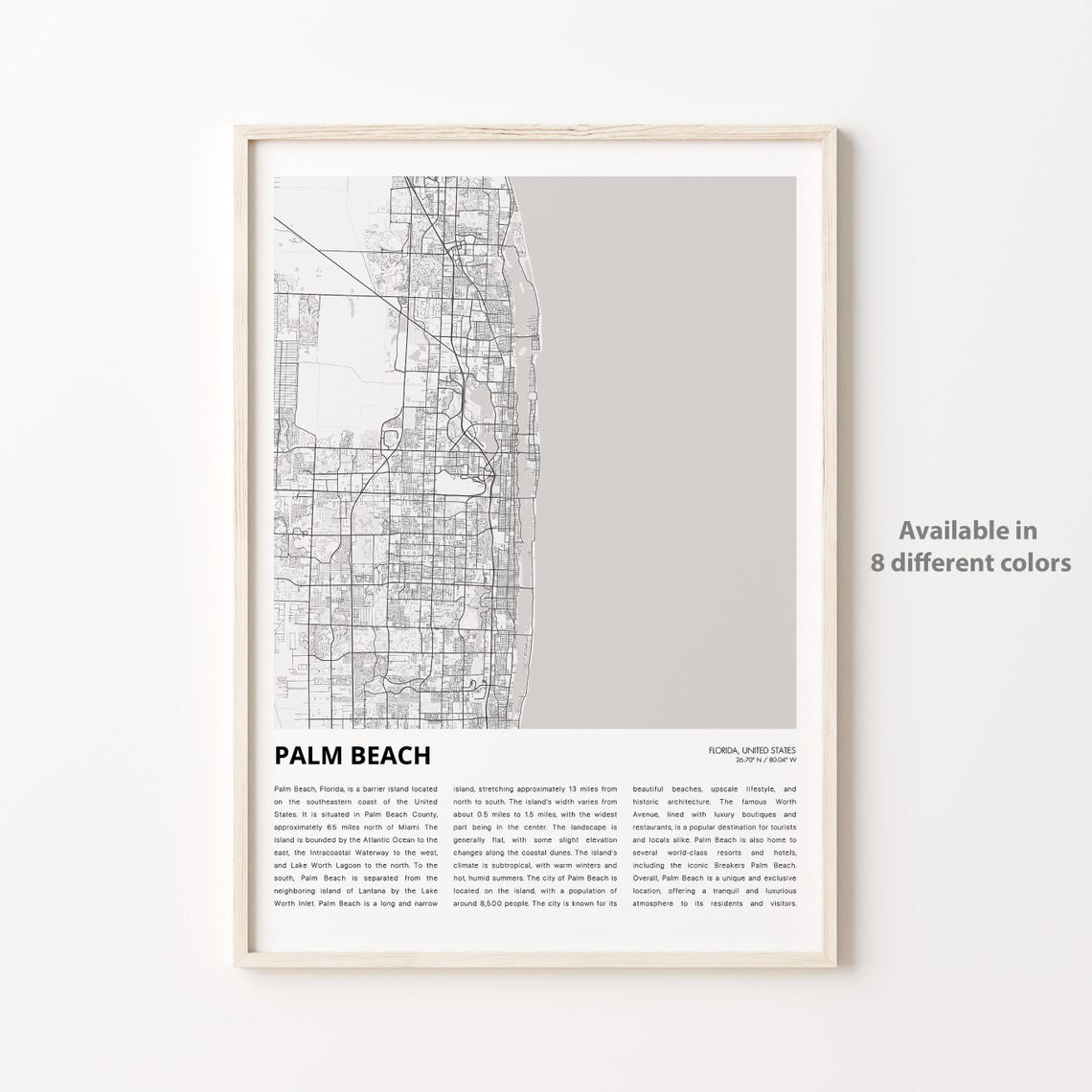 Palm Beach Florida City Street Map Black And White Coastal Decor Poster