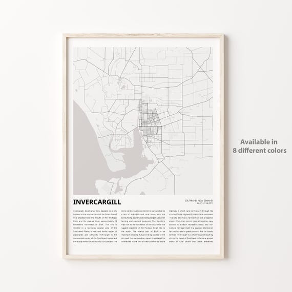Invercargill Map Print Travel Wall Decor Art Southland Housewarming Gift