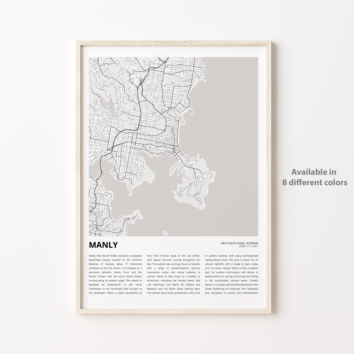 Manly Map Print Travel Wall Decor Art New South Wales Housewarming Gift