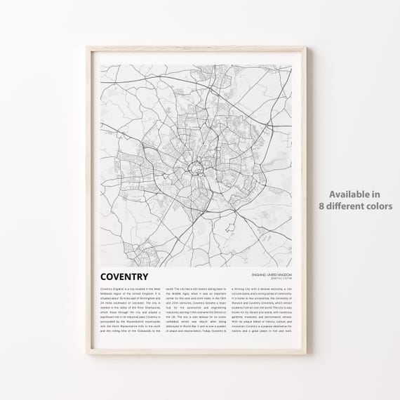 Coventry Map Print Travel Wall Decor Art England Housewarming Gift