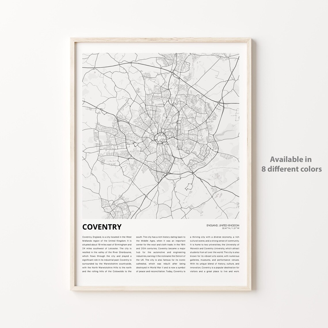 Coventry England City Street Map Minimalist Monochrome Travel Poster