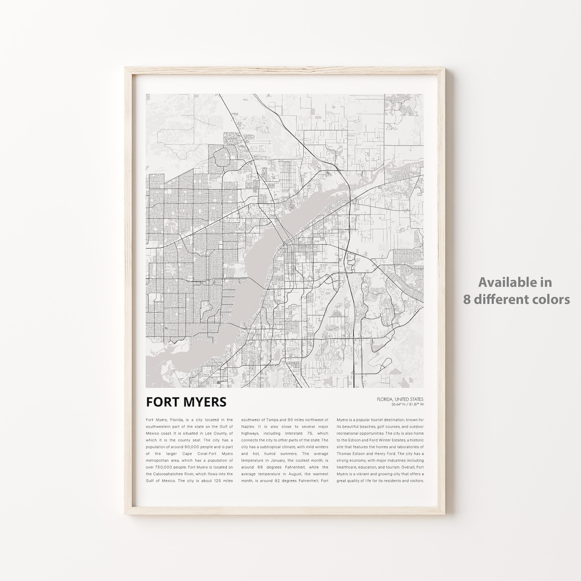Fort Myers Florida Minimalist Monochrome City Map Wall Poster