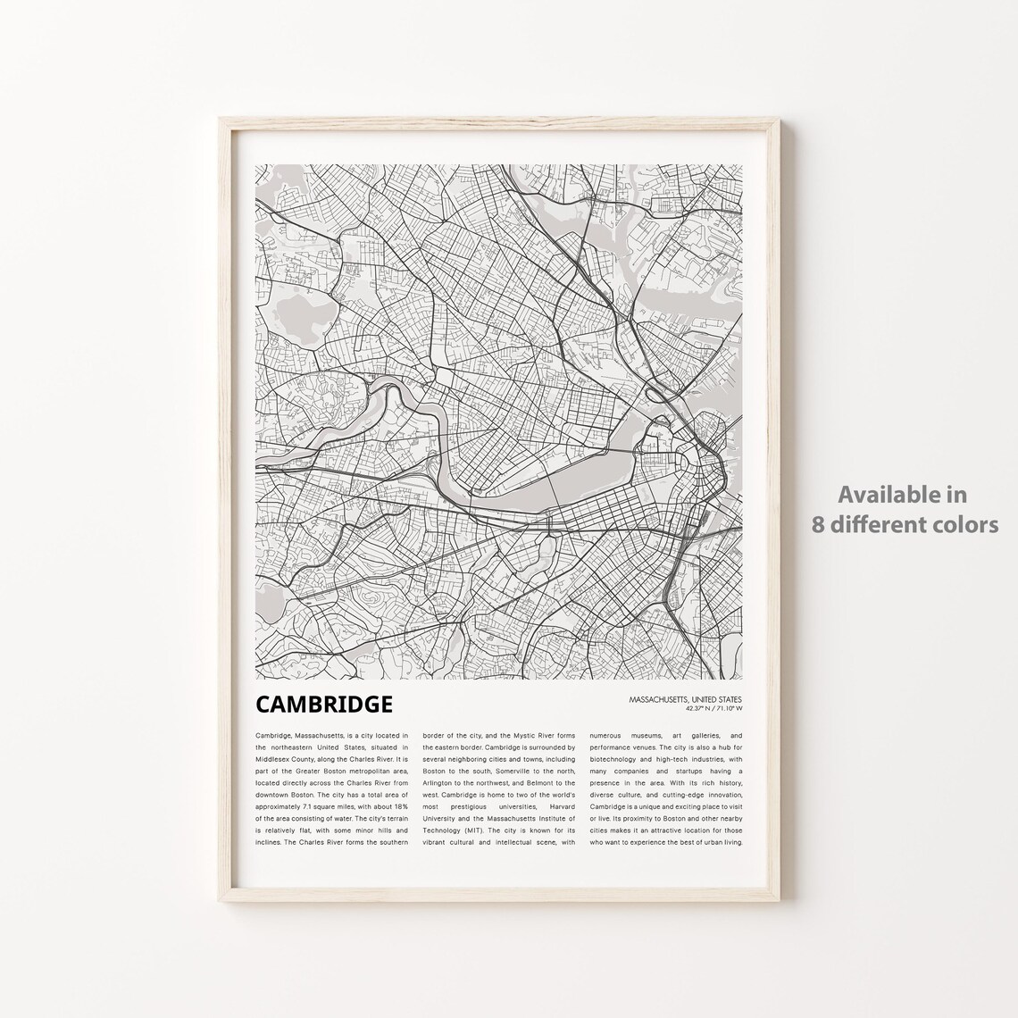Cambridge Massachusetts Minimalist Grayscale Street Map Travel Poster
