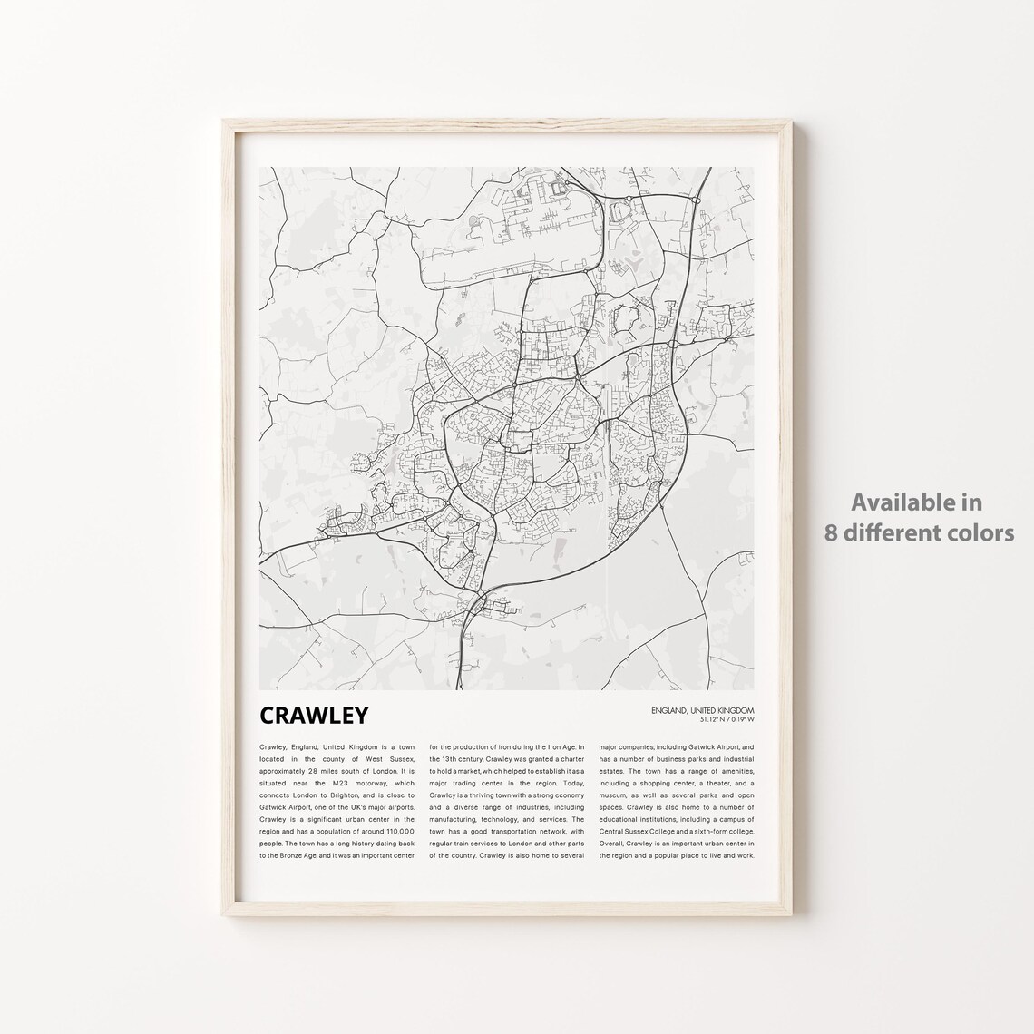 Crawley England United Kingdom Minimalist Street Map Art Poster