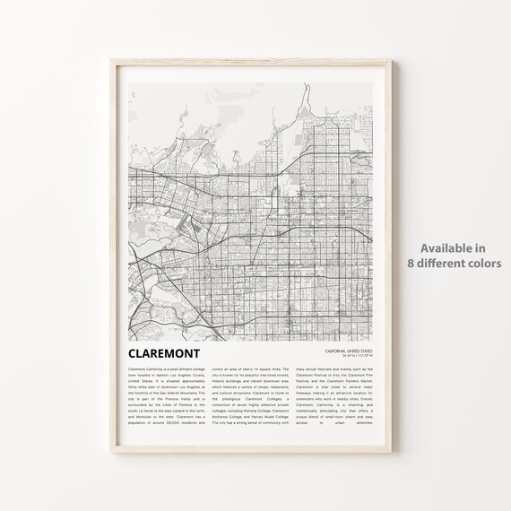 Claremont California Minimalist Grayscale Street Map Travel Poster