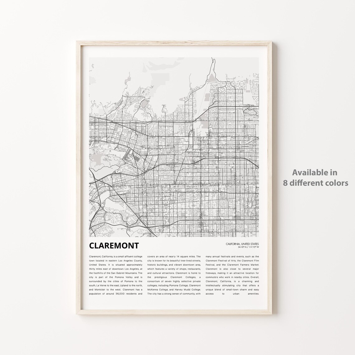 Claremont California Minimalist Grayscale Street Map Travel Poster