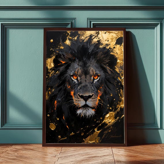 Black Lion Fiery Eyes Art Dark Gold Majestic King Safari Wall Decor Instant Powerful Animal Portrait