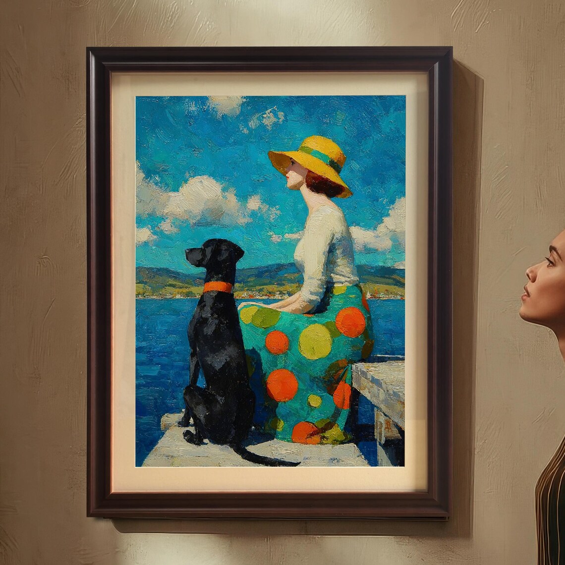 Stylish Woman In Sun Hat And Dog By The Sea Bright Pop Art Poster