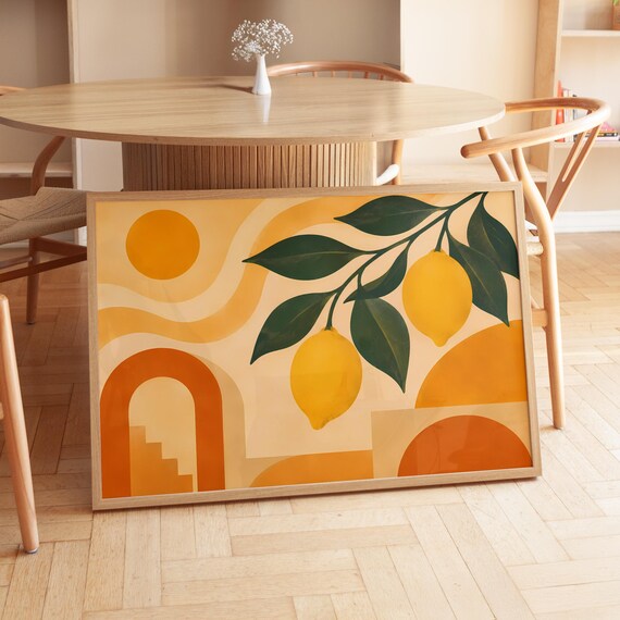 Mid Century Lemon Branch Sun Arch Boho Mediterranean Art Poster