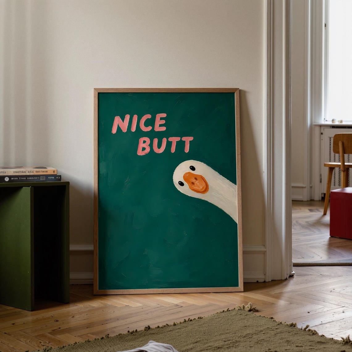 Nice Butt Funny Goose Pink Lettering Green Bathroom Humor Poster