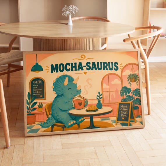 Digital Download Retro Mochasaurus Cute Dinosaur Coffee Printable Wall Art Funny Triceratops Print File
