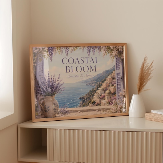 Coastal Bloom Lavender Sea Breeze Cliffside Town Lavender Art Poster