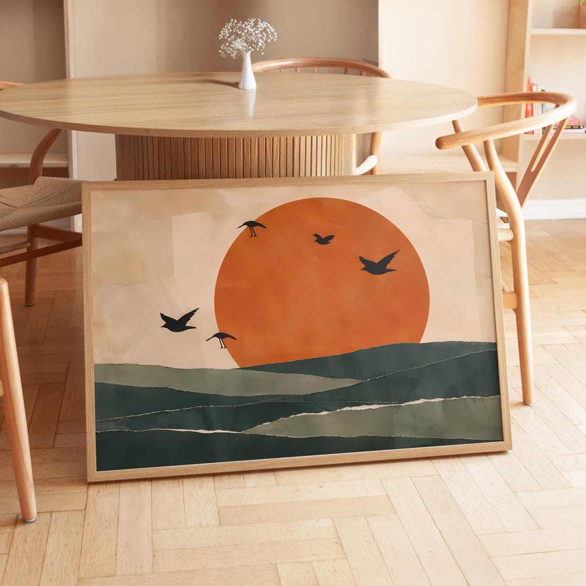 Terracotta Sun Birds Flying Green Hills Boho Landscape Art Poster