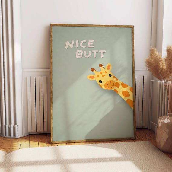 Giraffe Poster Funny Animal Wall Art Minimalist Illustration With The Wordplay Nice Butt Humorous Modern Decor