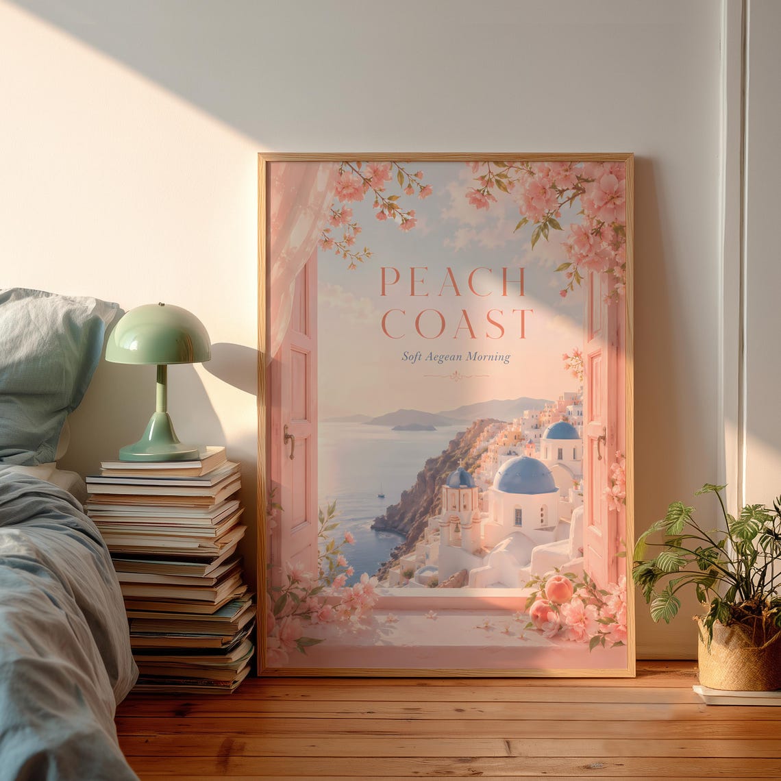 Peach Coast Soft Aegean Morning Santorini Window Blossom Poster