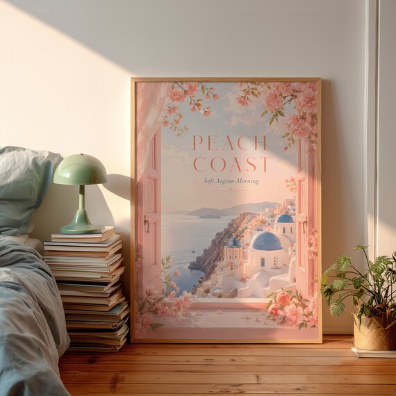 Peach Coast Soft Aegean Morning Santorini Window Blossom Poster