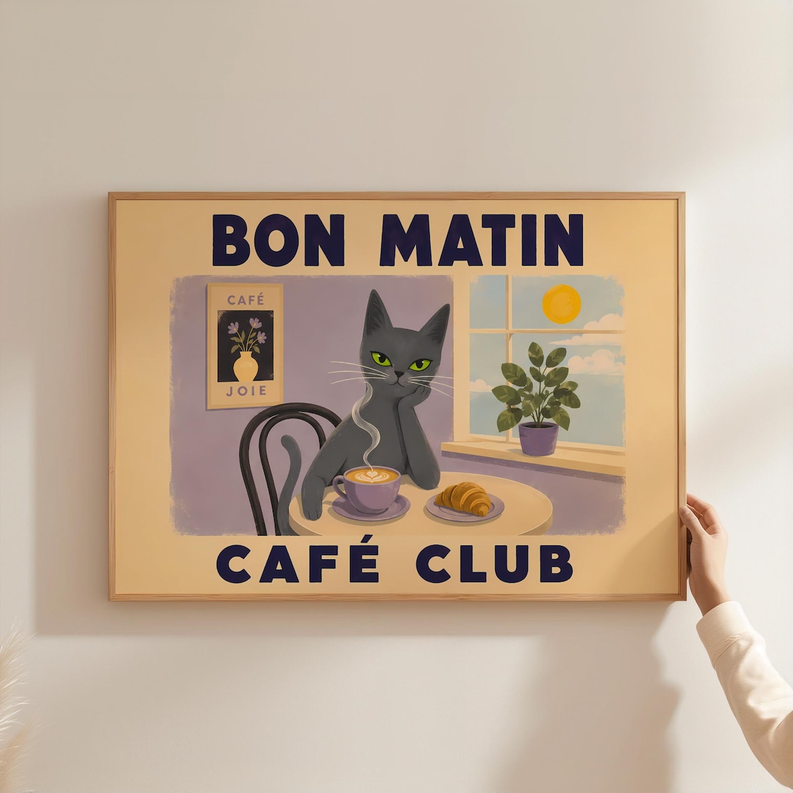 Bon Matin Cafe Club Black Cat Coffee Croissant French Retro Poster
