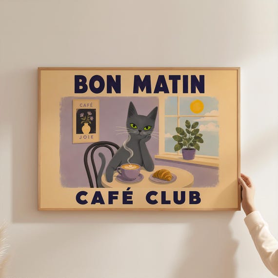 Retro Bon Matin Cafe Club Poster Cute Black Cat Coffee Wall Art French Paris Print Pastel Kitchen Decor