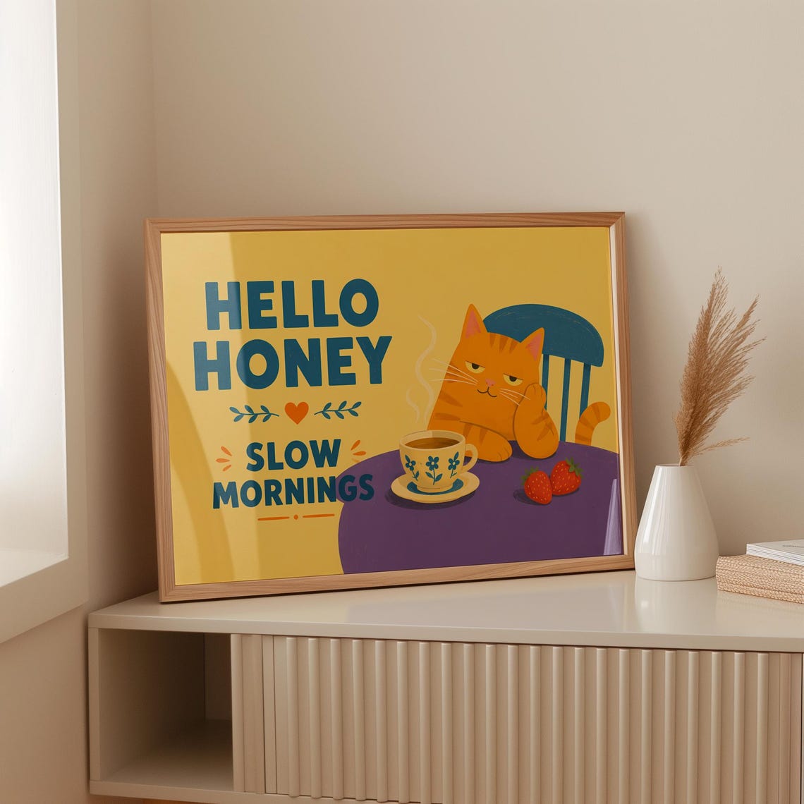 Digital Download Hello Honey Cat Slow Mornings Orange Tabby Printable Colorful Tea Wall Art File