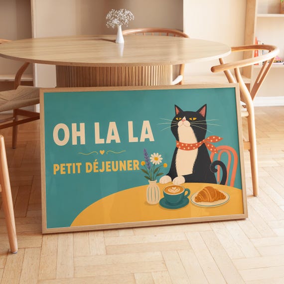 Digital Download Oh La Tuxedo Cat French Petit Dejeuner Printable Wall Art Coffee Croissant Print File
