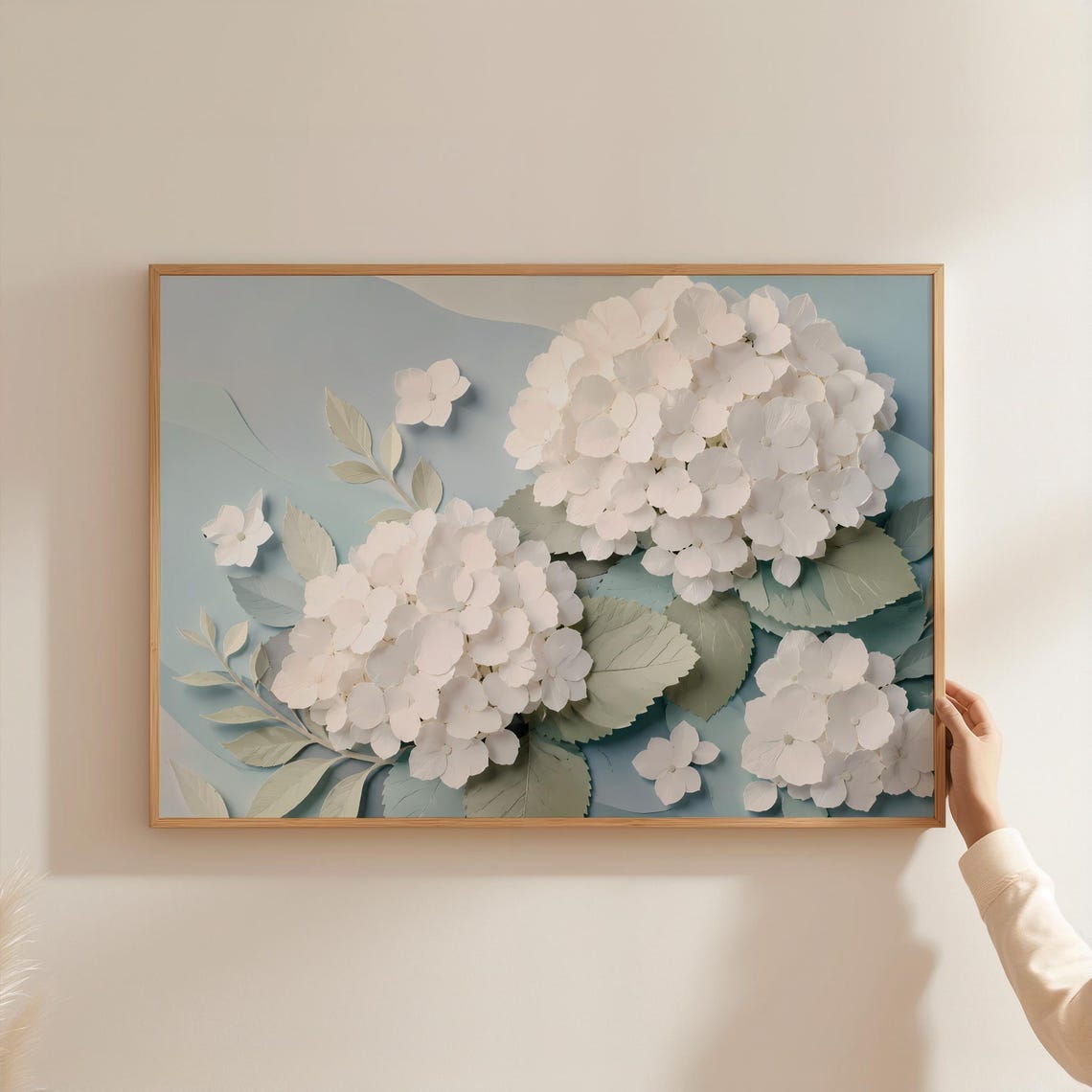 White Hydrangea 3D Paper Cut Floral Dusty Blue Botanical Wall Poster