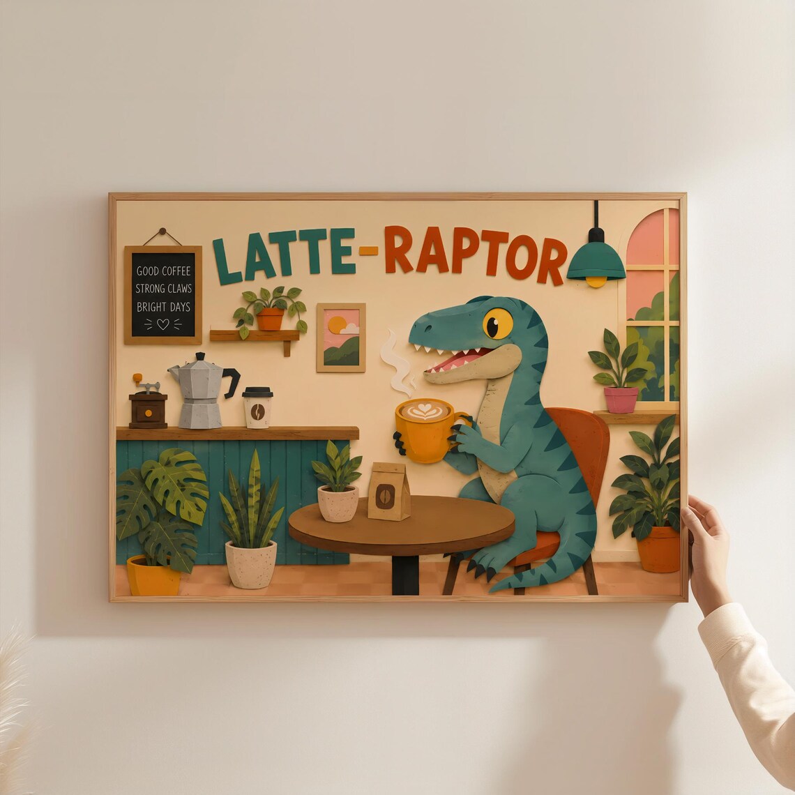 Latte Raptor Cute Dinosaur Drinking Coffee Cafe Illustration Dino Poster