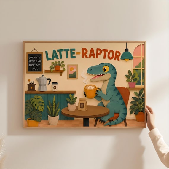 Danish Pastel Latteraptor Typography Poster Cute Blue Dinosaur Coffee Wall Art Whimsical Cafe Illustration Print Dopamine Decor