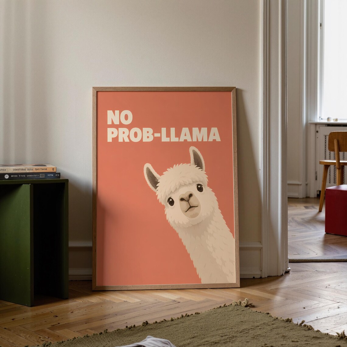 No Prob Llama Cute Coral Llama Quote Kids Room Animal Poster