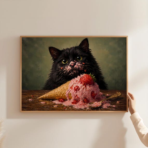Funny Black Cat Ice Cream Poster, Cute Gift