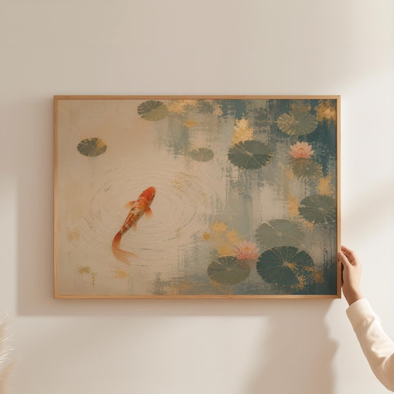 Koi Fish Poster, Japandi Zen Pond Art Print