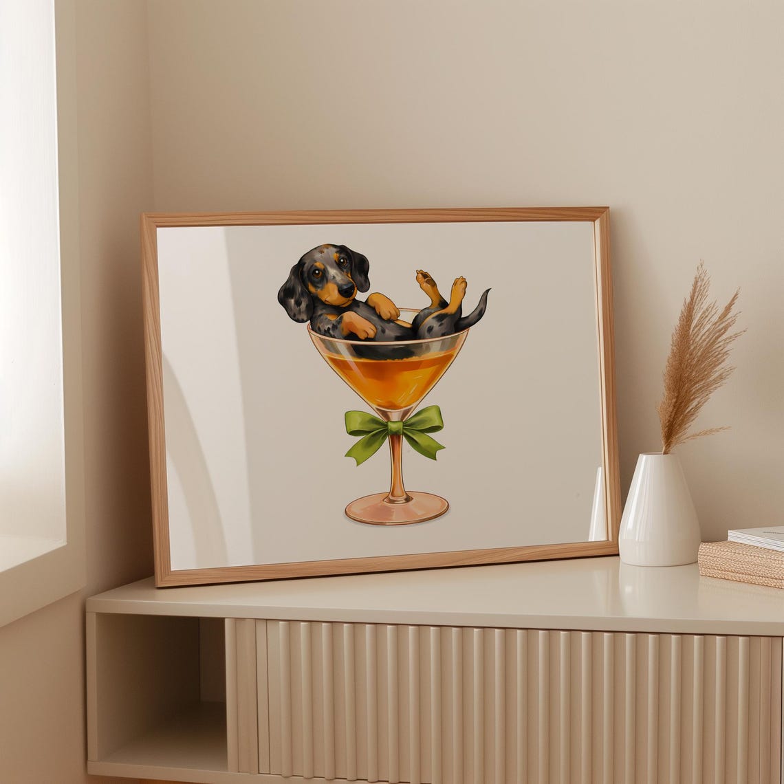 Dachshund Cocktail Glass Puppy Funny Bar Cart Decor Illustrated Poster