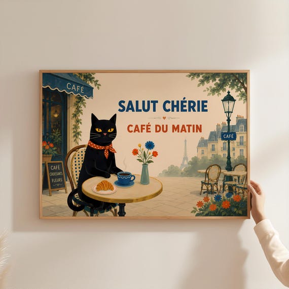 Danish Pastel Salut Cherie Black Cat Poster French Cafe Du Matin Coffee Wall Art Parisian Croissant Illustration Print Dopamine Decor