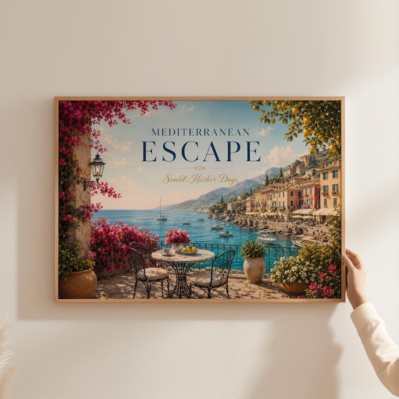 Mediterranean Escape Poster Sunlit Harbor Days Italian Coastal Terrace View Art