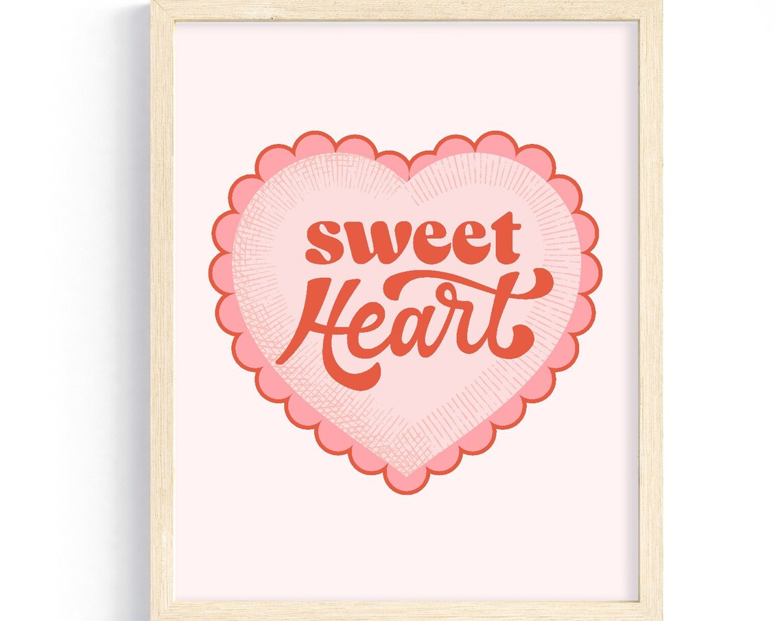Sweet Heart Retro Red Script Scalloped Pink Heart Valentine Poster