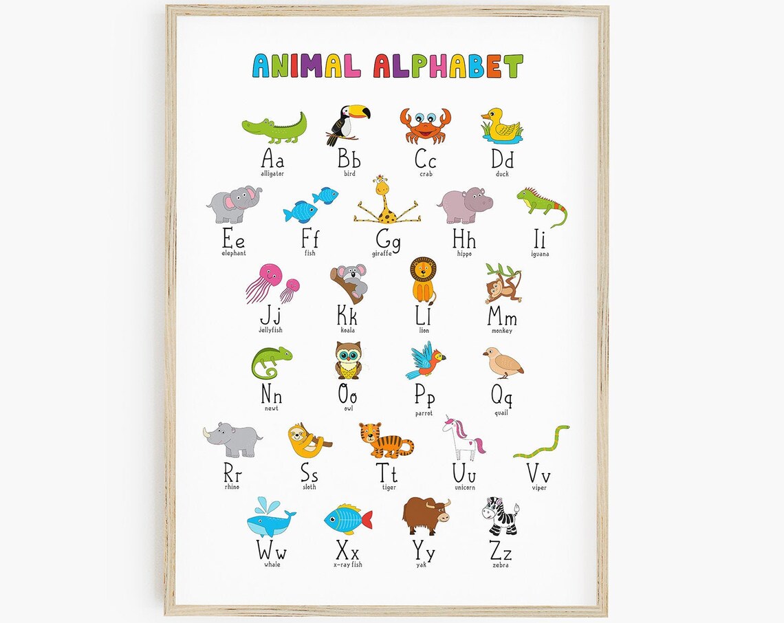 Animal Alphabet Colorful Letters Cartoon Animals ABC Wall Poster