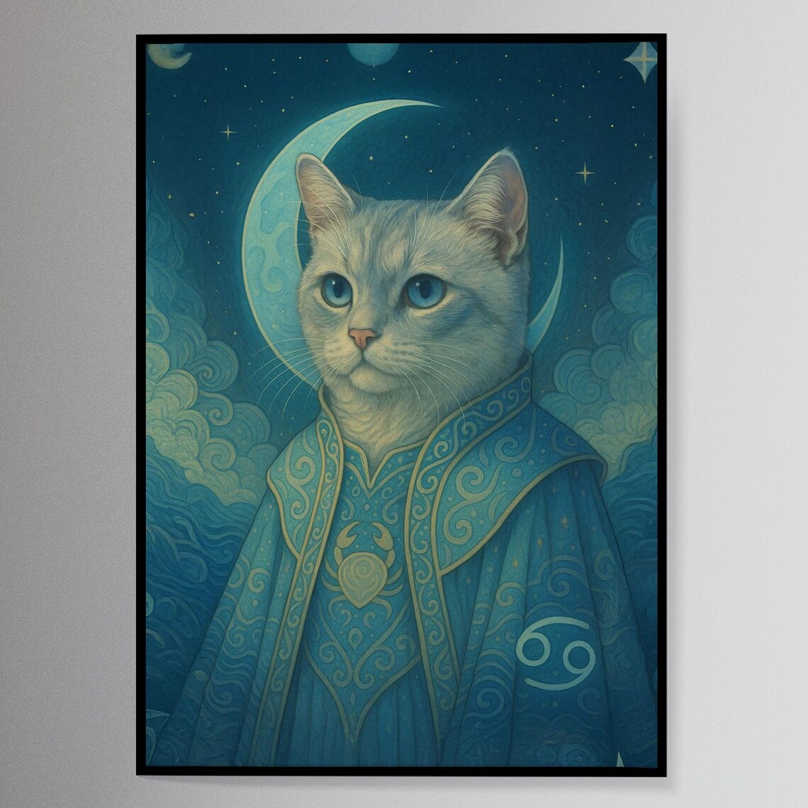 Cancer Zodiac Cat In Moonlight Blue Mystical Feline Art Print