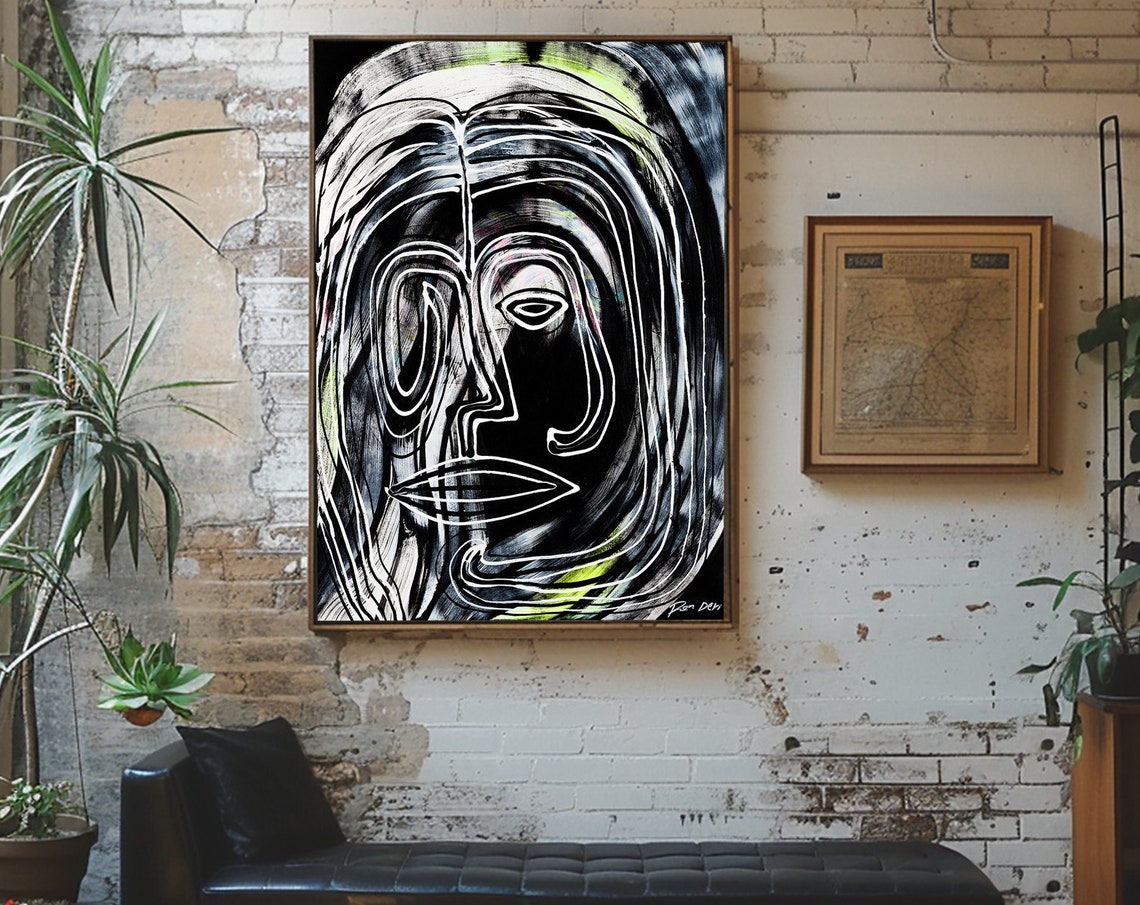 Black and White Line Face Green Accents Dramatic Abstract Poster