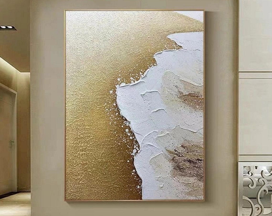 Gold and White Ocean Wave Textured Glam Abstract Decor Poster