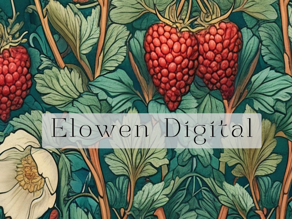 Art Nouveau Raspberry Bush With Red Berries Botanical Poster - Image 2