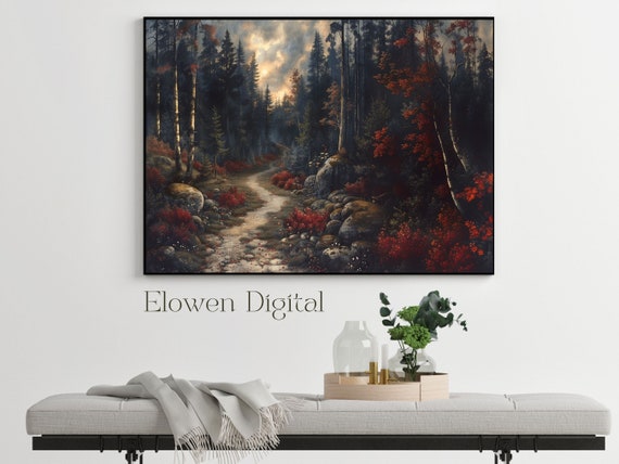 Horizontal Wall Art Print Of Red Autumn Frame Tv Artwork Fall Landscape Moody Cottagecore Decor Autumn Forest
